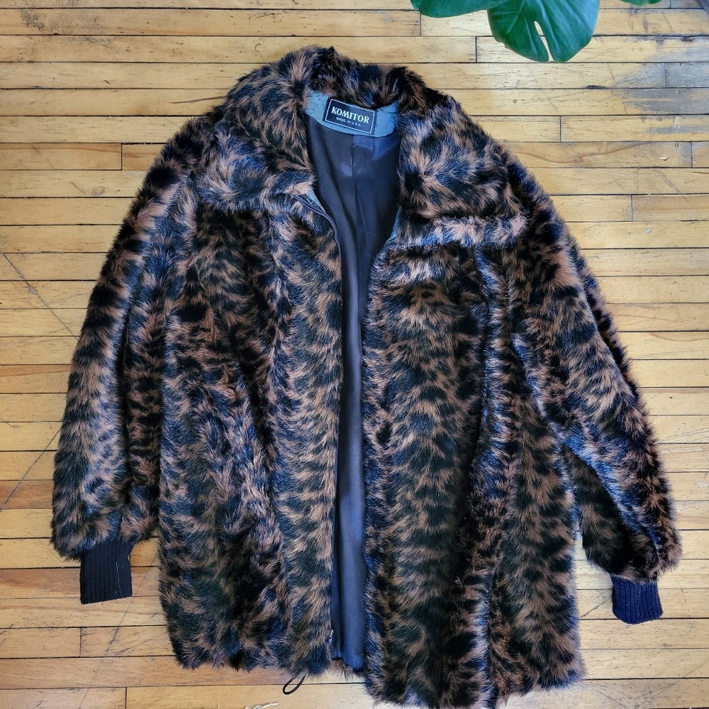 Vtg 1980s faux fur leopard print coat cheetah print jacket Komitor Sz M/L
